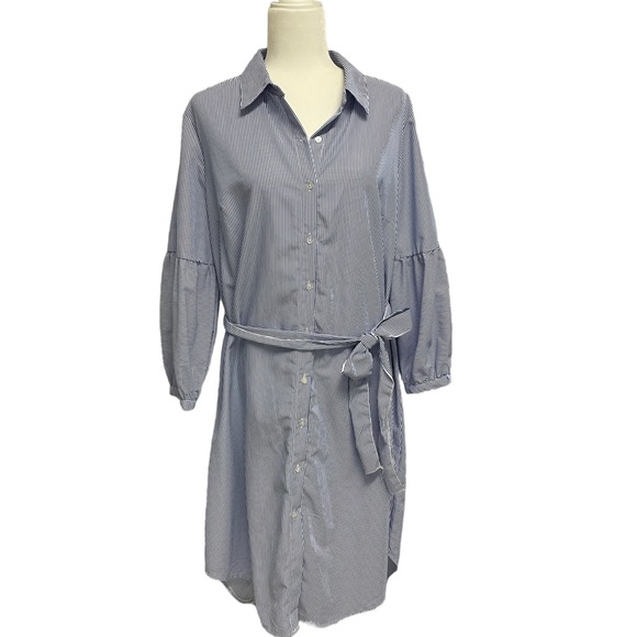 NWT Mlle Gabrielle XL Polyester Blue Stripe Button Down Shirt Dress Sash Belt - Picture 2 of 10